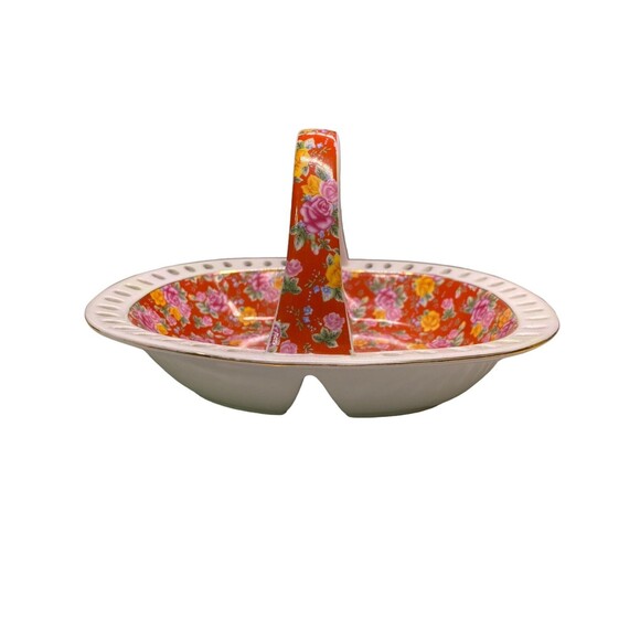 Jay & Sons Ceramic Basket Divided  w/ Handle Red White Floral Gold Rim - Picture 10 of 15
